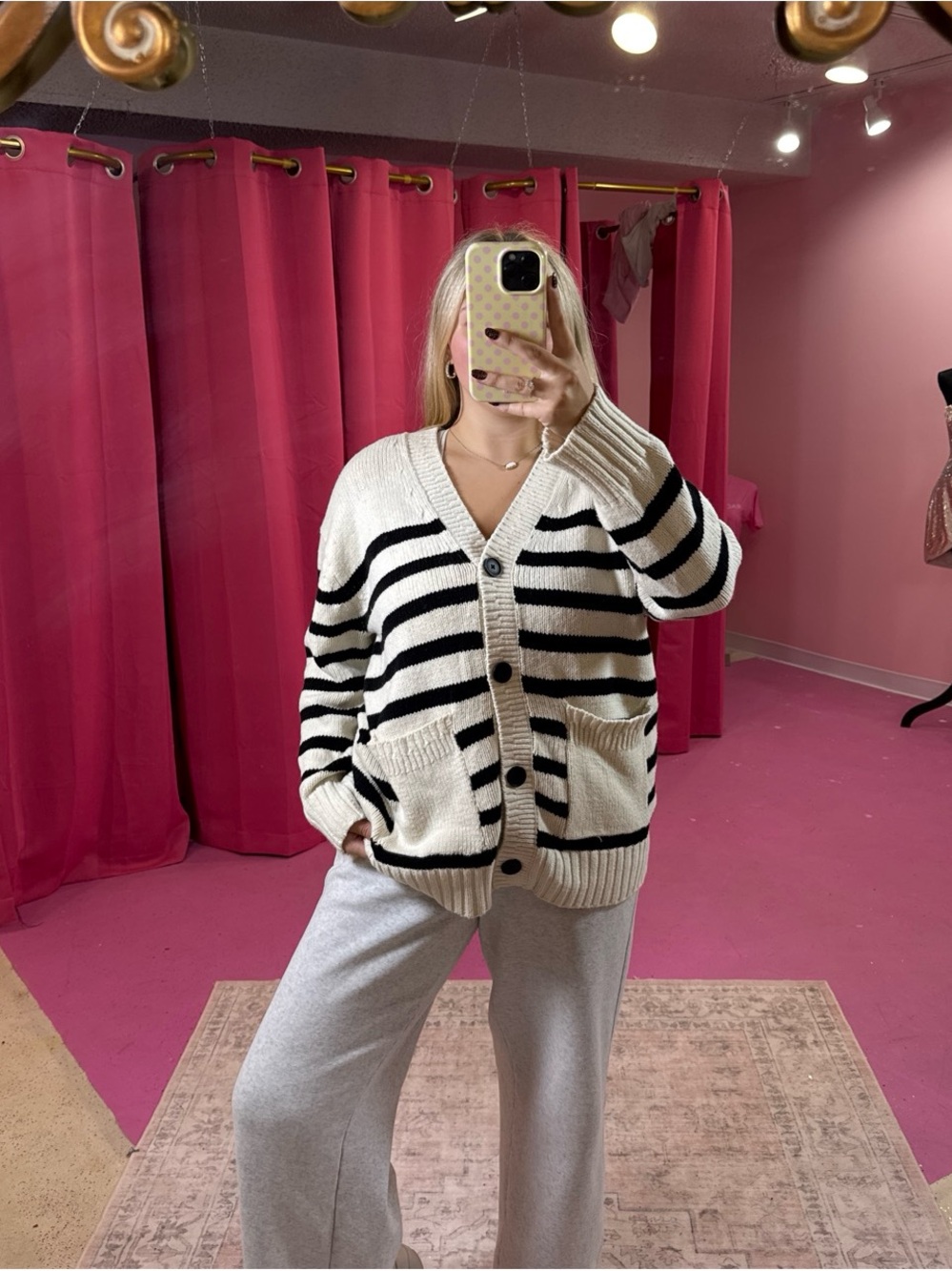 American Eagle Outfitters Cream and Black Striped V-Neck Cardigan